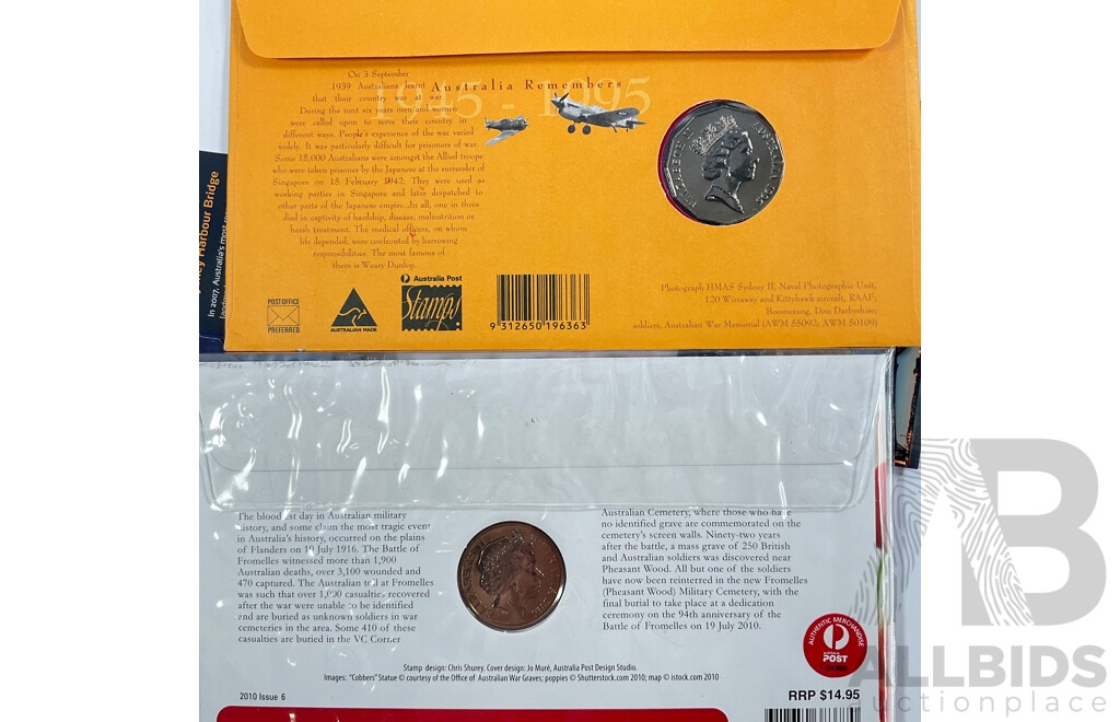 Three Australian 2007 UNC One Dollar Coins, Sydney Harbour Bridge, M Mint Mark with Four PNCs Including 1995 Weary Dunlop, 2010 Australia Remembers, Three 2007 Year of the Lifesaver