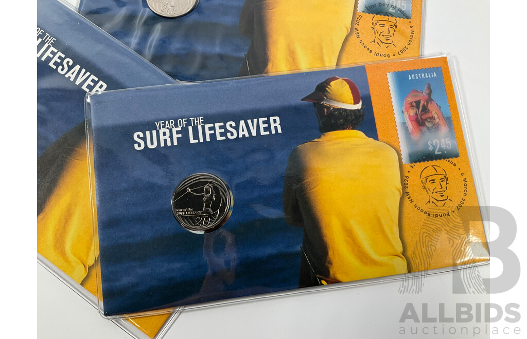 Three Australian 2007 UNC One Dollar Coins, Sydney Harbour Bridge, M Mint Mark with Four PNCs Including 1995 Weary Dunlop, 2010 Australia Remembers, Three 2007 Year of the Lifesaver