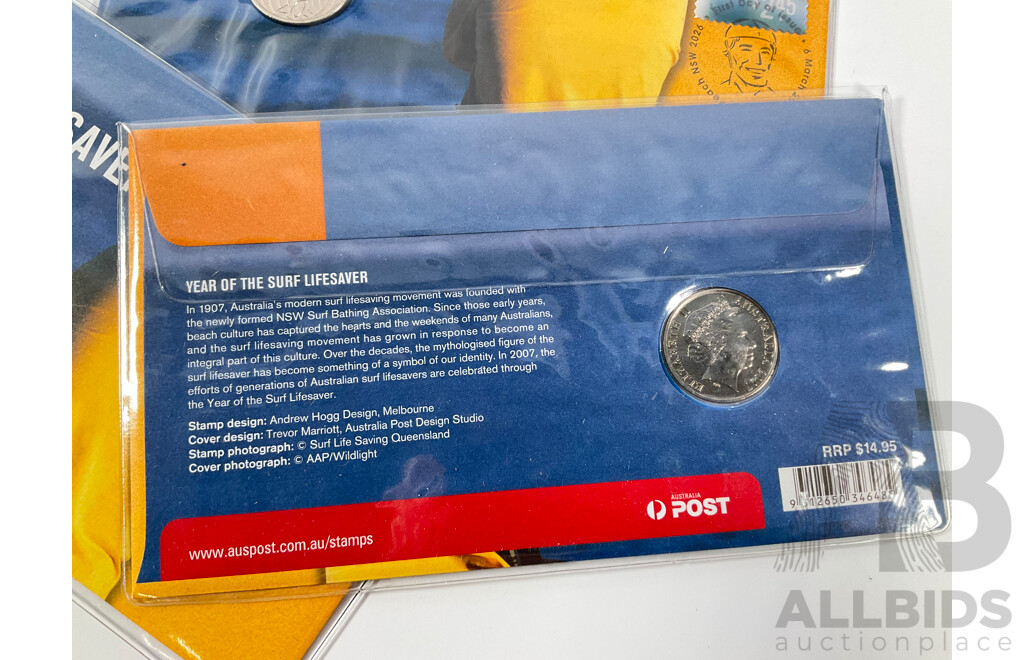 Three Australian 2007 UNC One Dollar Coins, Sydney Harbour Bridge, M Mint Mark with Four PNCs Including 1995 Weary Dunlop, 2010 Australia Remembers, Three 2007 Year of the Lifesaver
