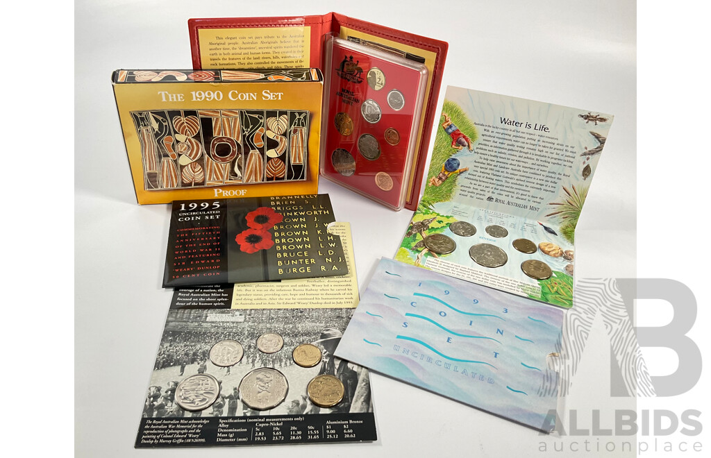 Australian 1990 Eight Proof Coin Set, 1993 Six UNC Coin Set, 1995 Six UNC Coin Set