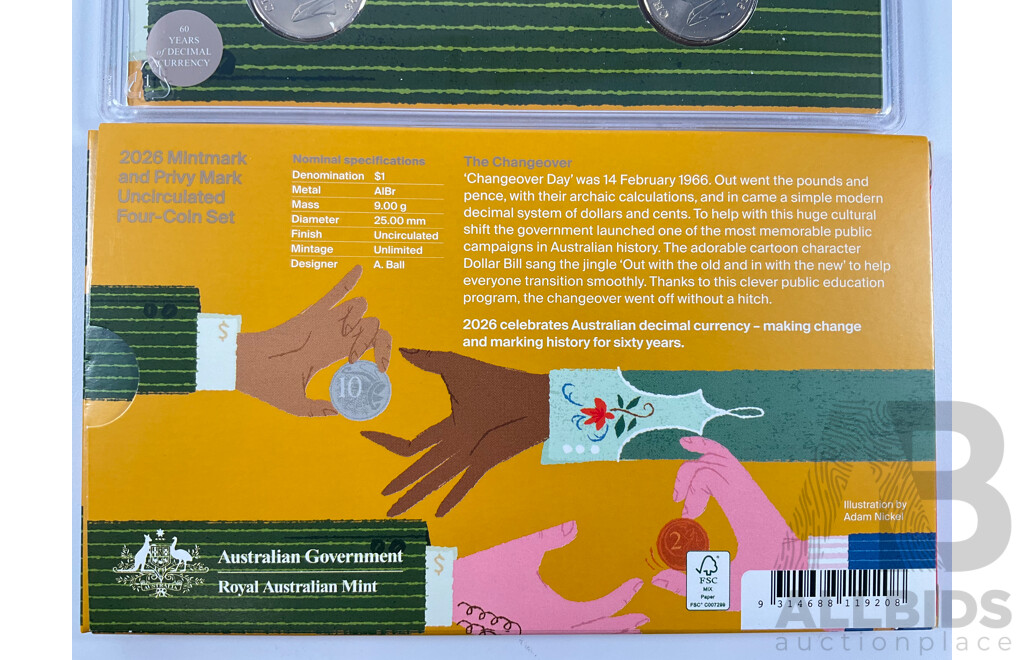 Australian RAM 2026 Four UNC One Dollar Coin Set, Sixty Years of Decimal Currency, Privy Marks