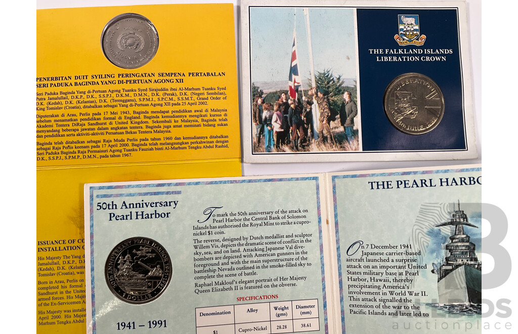 Collection of International UNC Coins Including Falkland Islands 1982 Liberation Crown, Solomon Islands 1991 Pearl Harbour One Dollar, Wales One Pound, Turks & Caicos Island 1993 Five Crowns1993, Malaysia 2002 One Ringgit