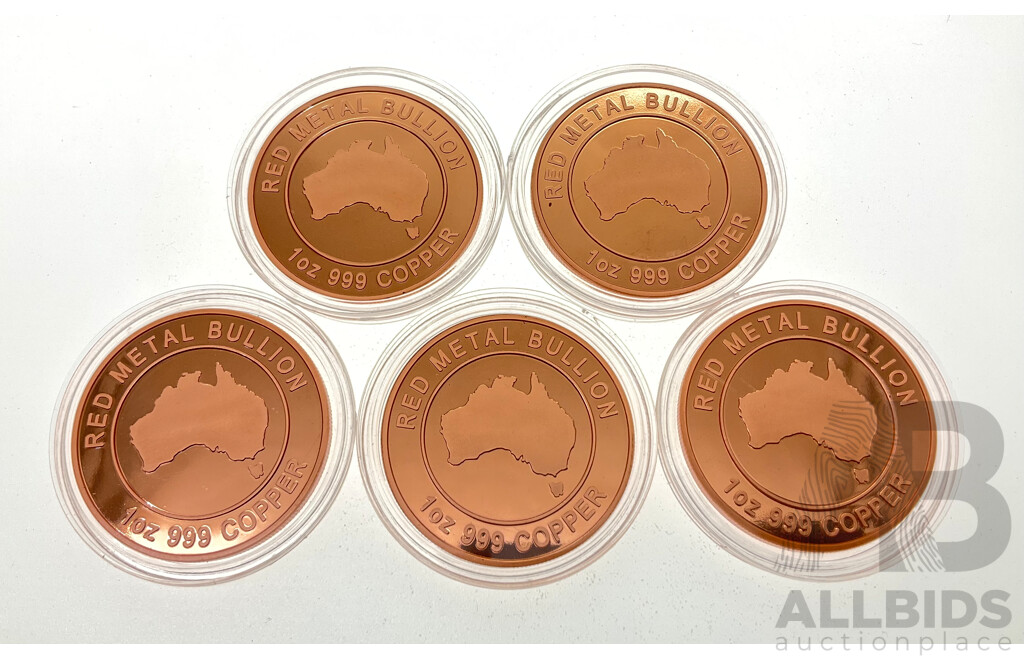 Five Australian Red Metal Bullion One Ounce Copper Coins