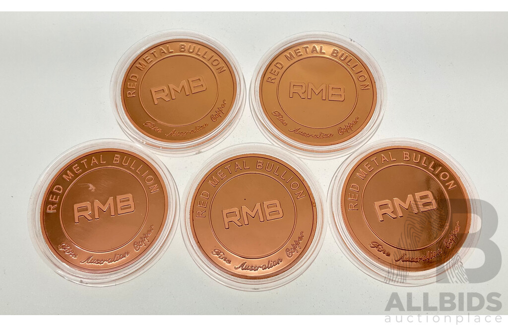Five Australian Red Metal Bullion One Ounce Copper Coins