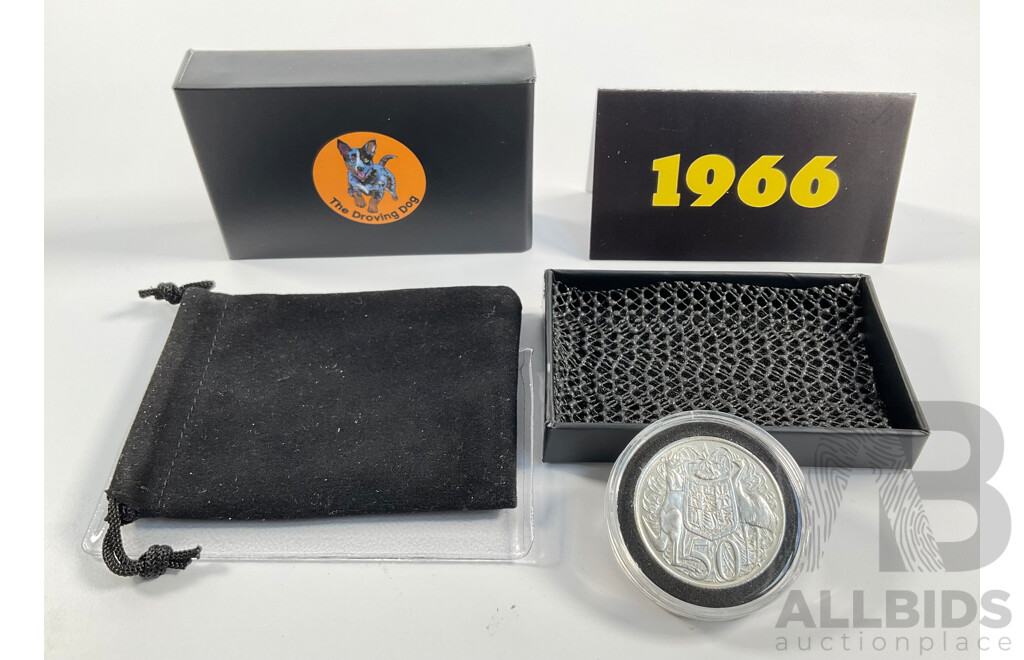 Australian 1966 Round Silver Fifty Cent Coin, The Droving Dog Gift Pack .800
