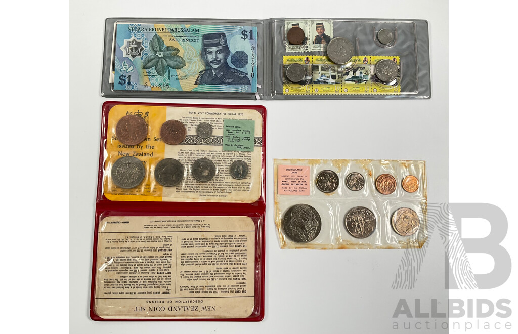 New Zealand RAM 1970 Coin Set, Royal Visit, 1965 Last Predecimal Coin Set, Brunei 1990's Souvenir Coin, Note, Stamp Set