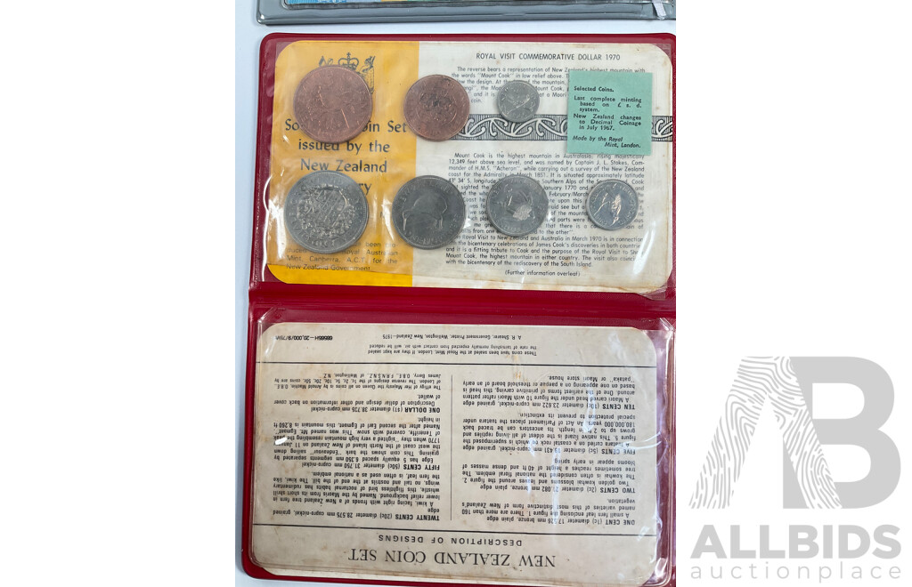 New Zealand RAM 1970 Coin Set, Royal Visit, 1965 Last Predecimal Coin Set, Brunei 1990's Souvenir Coin, Note, Stamp Set