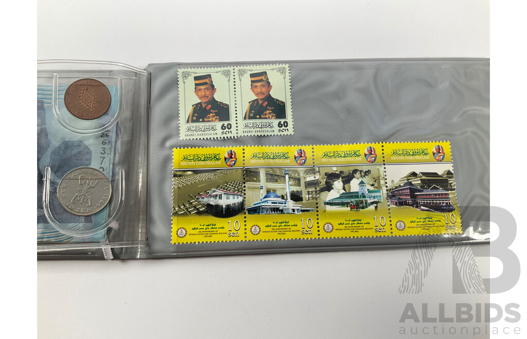 New Zealand RAM 1970 Coin Set, Royal Visit, 1965 Last Predecimal Coin Set, Brunei 1990's Souvenir Coin, Note, Stamp Set