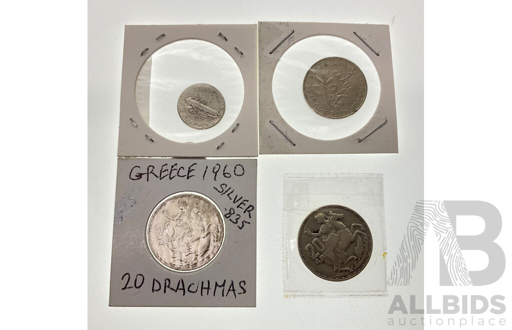 Three Silver Coins Including USA 1935 One Dime, Two Greece 1960 Twenty Drachmai, France 1960 One Franc