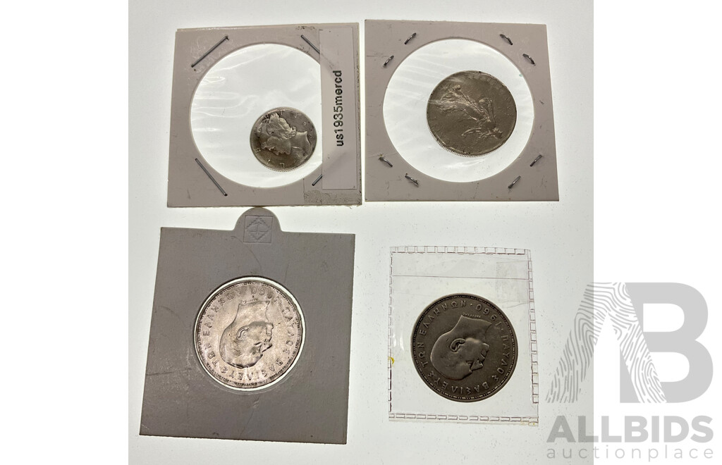 Three Silver Coins Including USA 1935 One Dime, Two Greece 1960 Twenty Drachmai, France 1960 One Franc