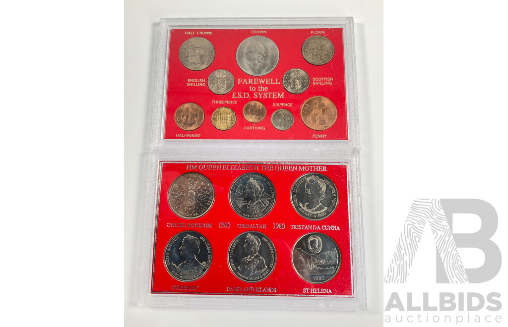 United Kingdom Farewell to the Pound, Shilling and Pence System Ten Coin Set with 1980 HM Queen Elizabeth the Queen Mother Six Coin Set