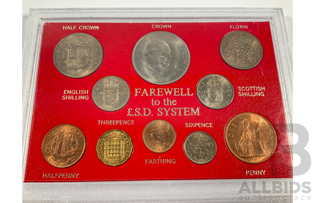 United Kingdom Farewell to the Pound, Shilling and Pence System Ten Coin Set with 1980 HM Queen Elizabeth the Queen Mother Six Coin Set