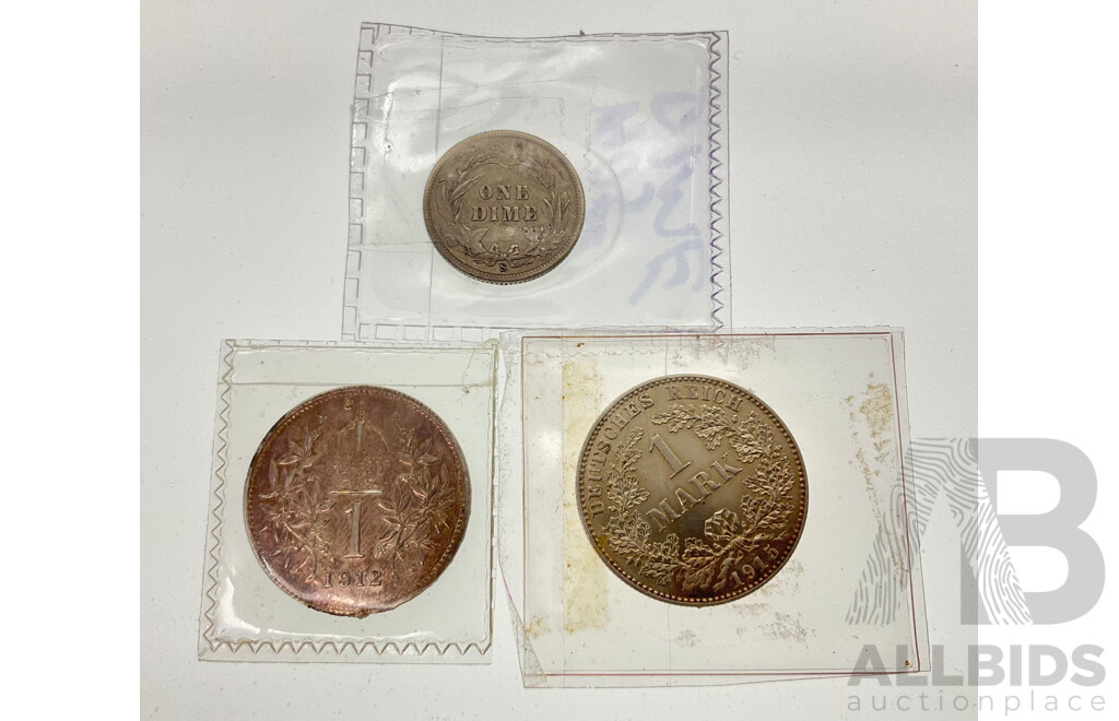Three Silver Coins Including USA 1905 Dime, San Francisco Mint, Germany 1915 One Mark, Greece 1912 One Mark