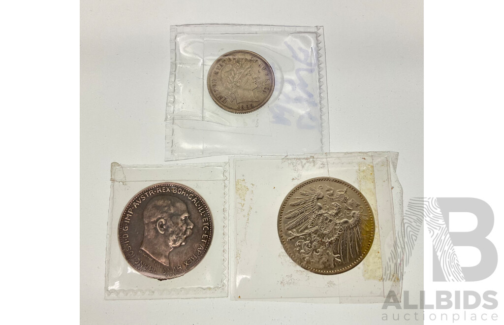 Three Silver Coins Including USA 1905 Dime, San Francisco Mint, Germany 1915 One Mark, Greece 1912 One Mark