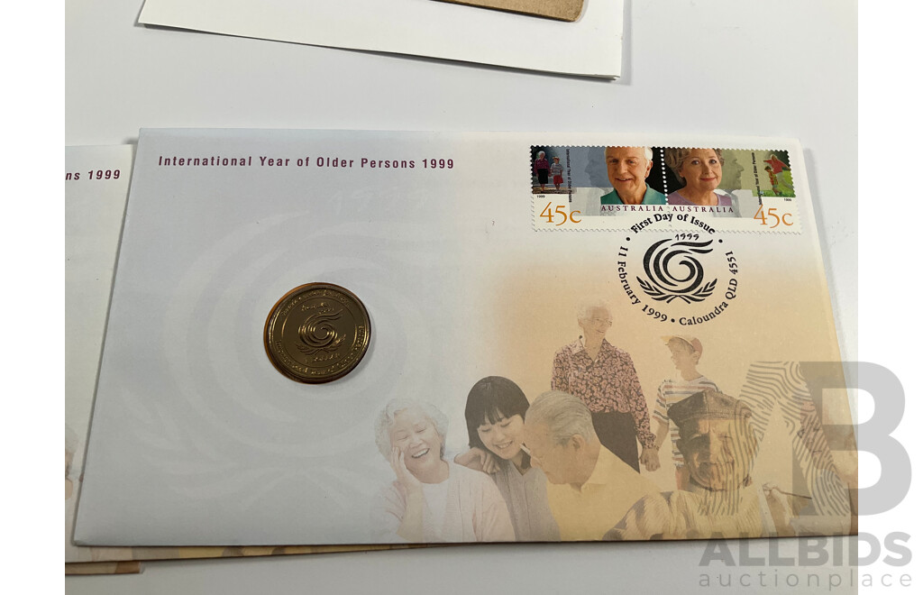 Three Australian 1999 One Dollar PNCs, International Year of the Older Persons with Royal Air Force Service and Release Book, Polish 505 Air Badge, USSR Lenin Desk Calendar