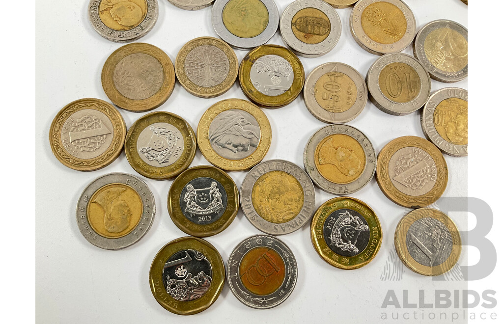 Collection of Great Britain One and Two Pound Coins with Twenty Six Bimetallic Coins Including Euro, Italy, Singapore, Thailand
