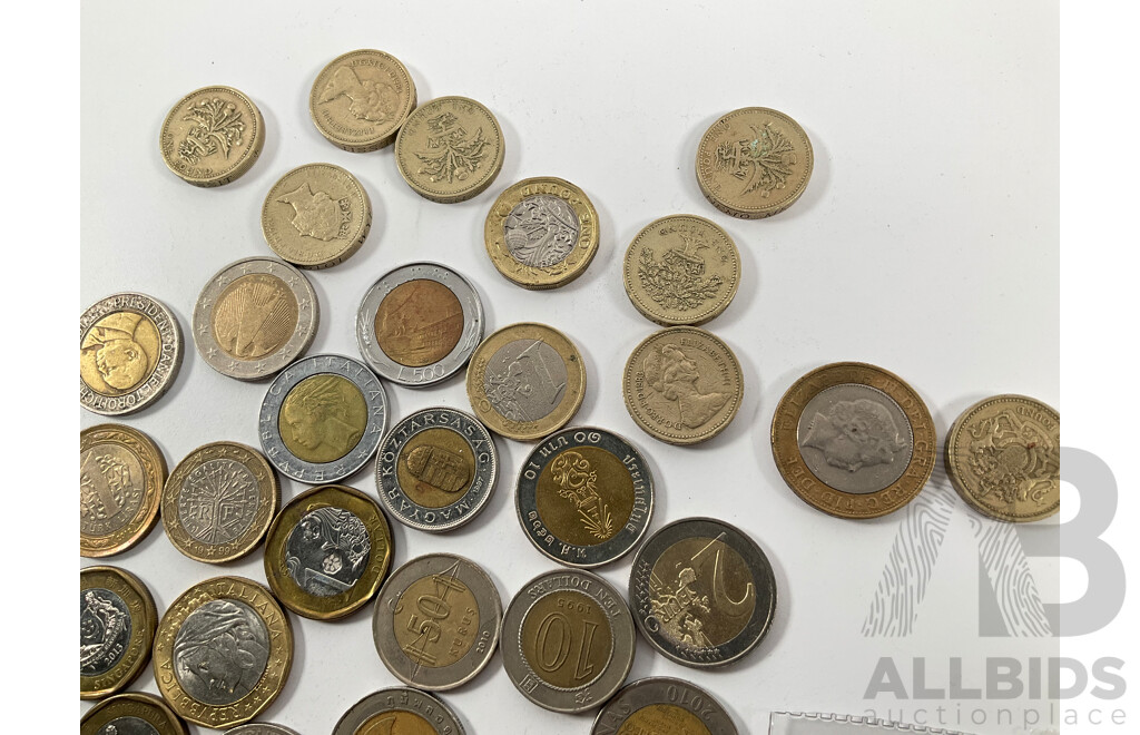 Collection of Great Britain One and Two Pound Coins with Twenty Six Bimetallic Coins Including Euro, Italy, Singapore, Thailand