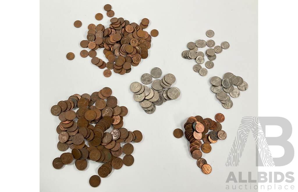 Collection of Australian One and Two Cent Coins with USA Quarters, Nickles, Dimes and Pennies