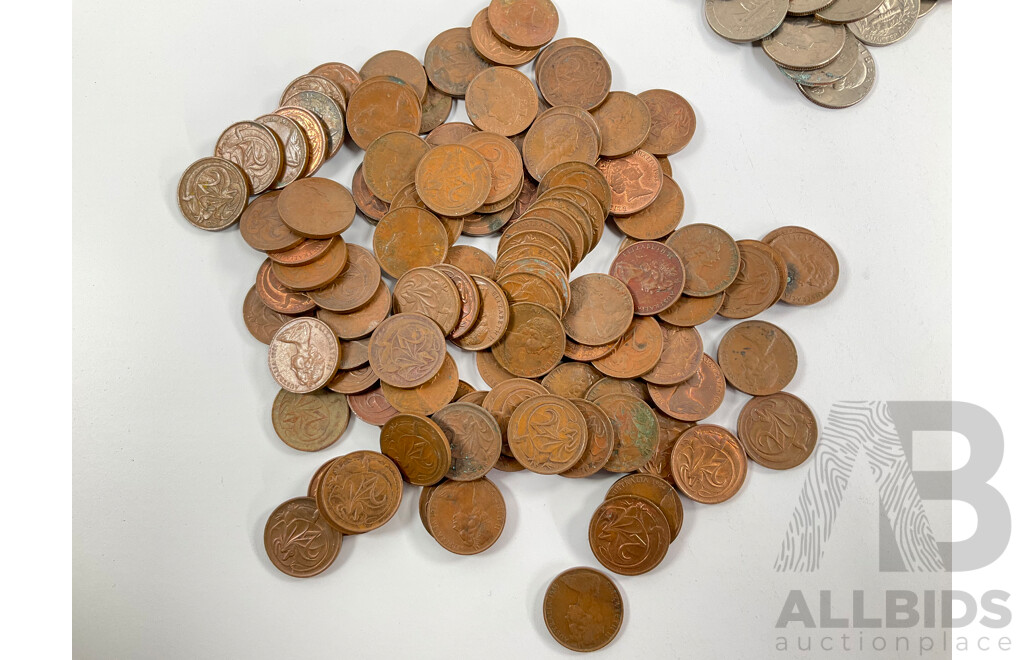 Collection of Australian One and Two Cent Coins with USA Quarters, Nickles, Dimes and Pennies