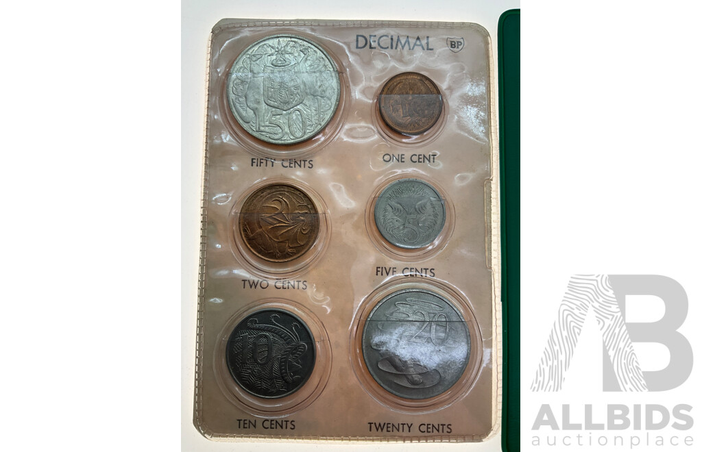 Australian 1966 BP Souvenir Decimal Coin Wallet Including Round Silver Fifty Cent Coin with Six Pennies, 1935, 1938(3) 1939(2)