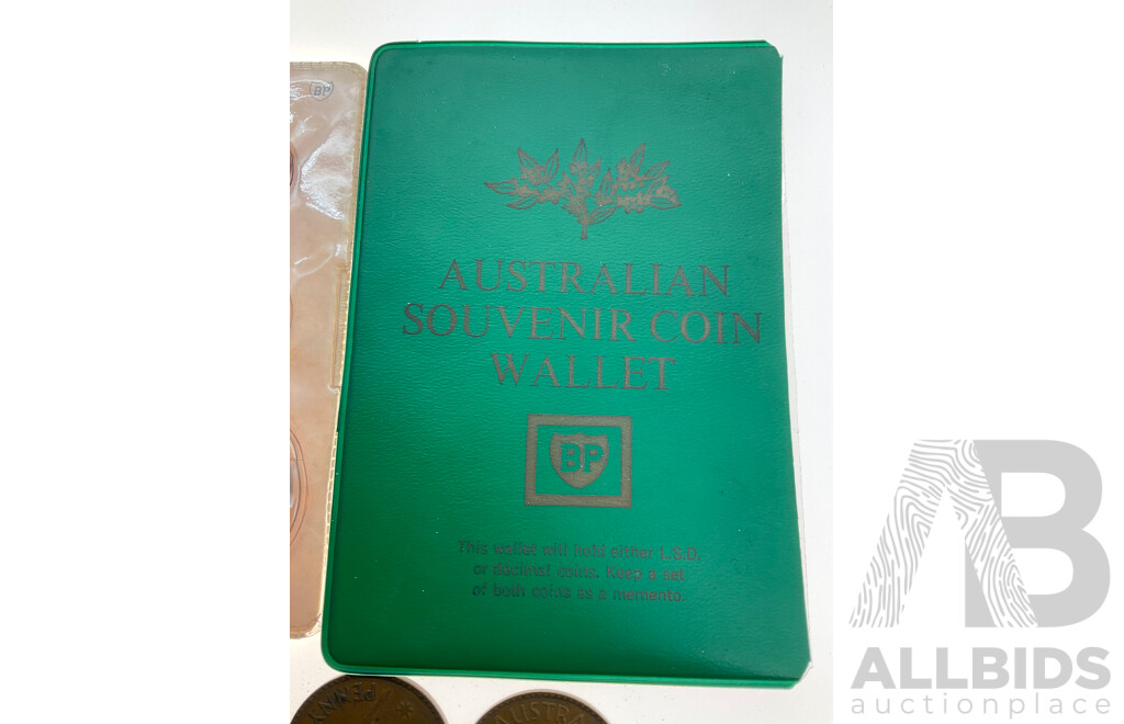 Australian 1966 BP Souvenir Decimal Coin Wallet Including Round Silver Fifty Cent Coin with Six Pennies, 1935, 1938(3) 1939(2)