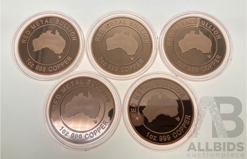 Five Australian Red Metal Bullion One Ounce Copper Coins