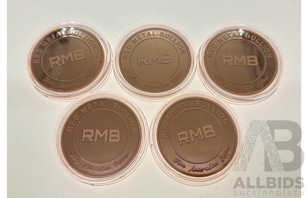 Five Australian Red Metal Bullion One Ounce Copper Coins