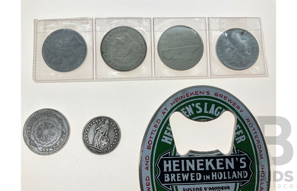 Syria 1936 Silver Fifty Piastres Coin, Switzerland 1944 Silver One Franc, Italy 1975, 1979 One Hundred Lire, Netherlands 1972, 1993 Two and Half Gulden, France 1949 Two Francs,  Heineken Bottle Opener