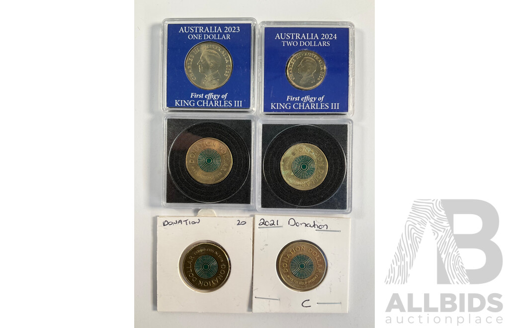 Australian 2023 UNC One and Two Dollar Coins, First Effigy of King Charles III, Two 2020 and Two 2021 Donation Dollars