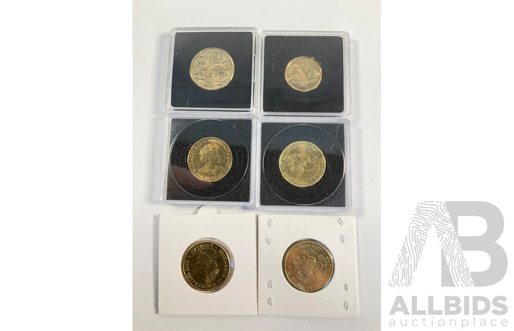 Australian 2023 UNC One and Two Dollar Coins, First Effigy of King Charles III, Two 2020 and Two 2021 Donation Dollars