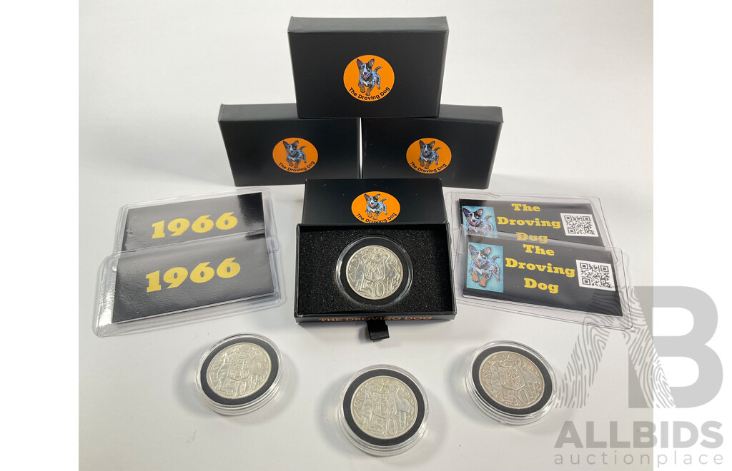 Four Australian 1966 Round Silver Fifty Cent Coins, the Droving Dog Gift Packs .800