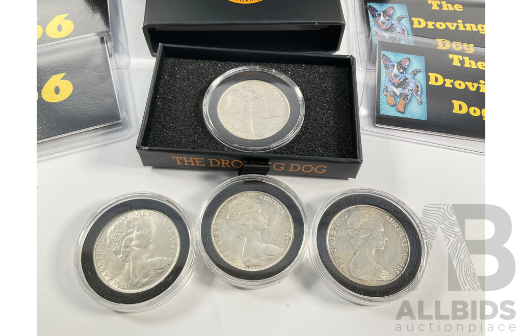 Four Australian 1966 Round Silver Fifty Cent Coins, the Droving Dog Gift Packs .800