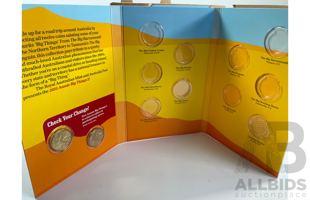 Two Australian RAM 2025 Aussie Big Things Series Two, One Dollar Coin Tubes and Folders