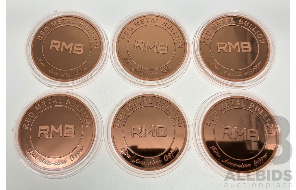 Six Australian Red Metal Bullion One Ounce Copper Coins