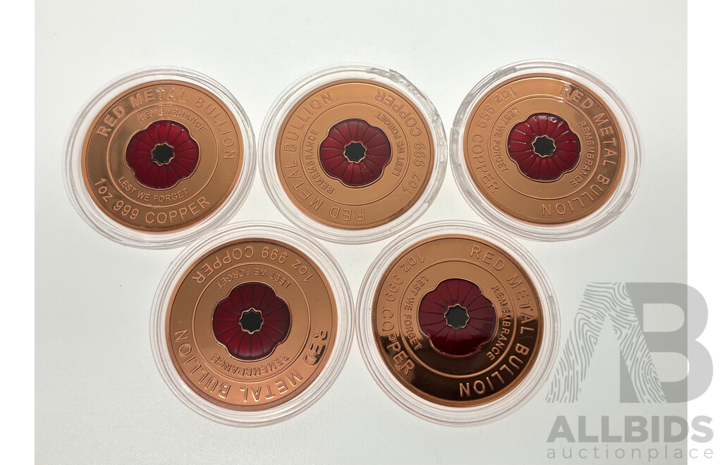 Five Australian Red Metal Bullion One Ounce Copper Coins, Remembrance, Lest We Forget