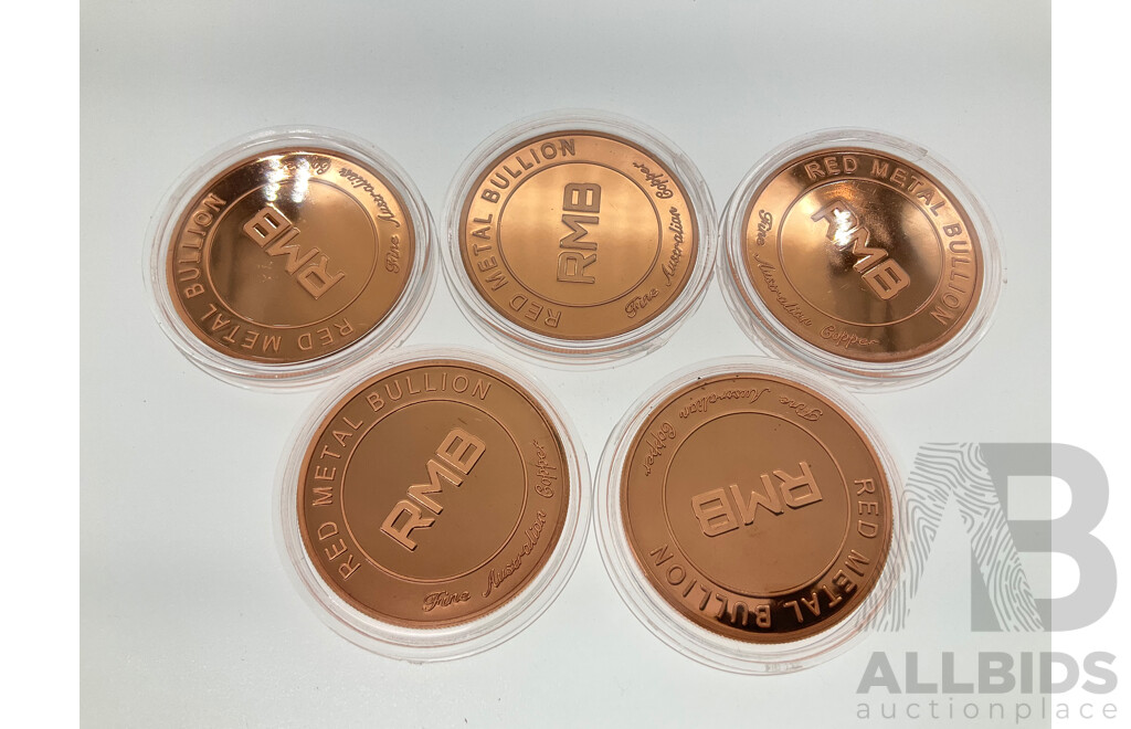 Five Australian Red Metal Bullion One Ounce Copper Coins, Remembrance, Lest We Forget