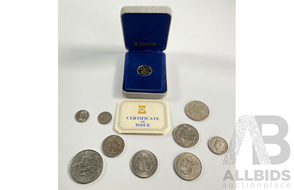 Isle of Man 1978 Virenium One Pound Coin with Four United Kingdom Half Crowns, Two Shillings, One Shilling, 1948 and Silver 1943 Sixpence