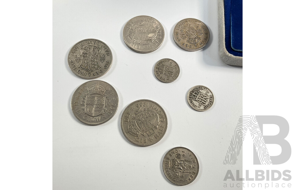 Isle of Man 1978 Virenium One Pound Coin with Four United Kingdom Half Crowns, Two Shillings, One Shilling, 1948 and Silver 1943 Sixpence