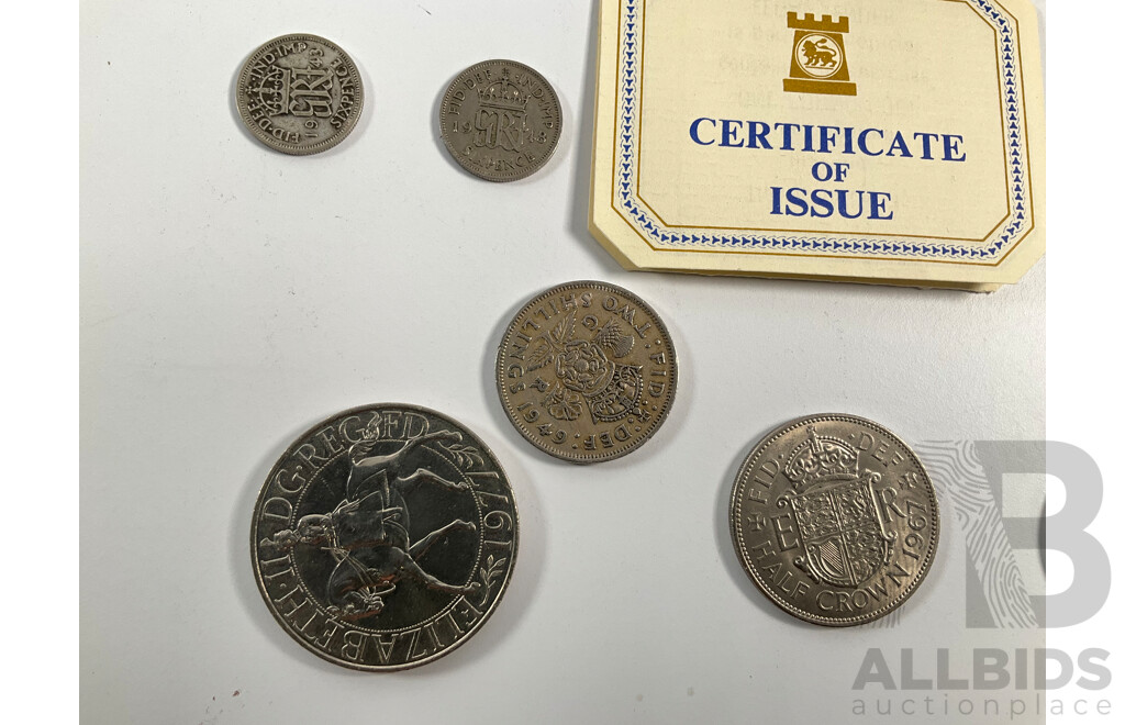 Isle of Man 1978 Virenium One Pound Coin with Four United Kingdom Half Crowns, Two Shillings, One Shilling, 1948 and Silver 1943 Sixpence