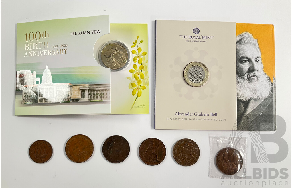 United Kingdom 2022 Brilliant UNC Two Pound Coin, Alexander Graham Bell, 1908, 1920, 1937 Pennies 1943 Half Penny, New Zealand 1958 One Penny,  South Africa 1943 One Penny, Singapore 2023 UNC Ten Dollar Coin