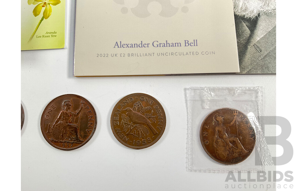 United Kingdom 2022 Brilliant UNC Two Pound Coin, Alexander Graham Bell, 1908, 1920, 1937 Pennies 1943 Half Penny, New Zealand 1958 One Penny,  South Africa 1943 One Penny, Singapore 2023 UNC Ten Dollar Coin