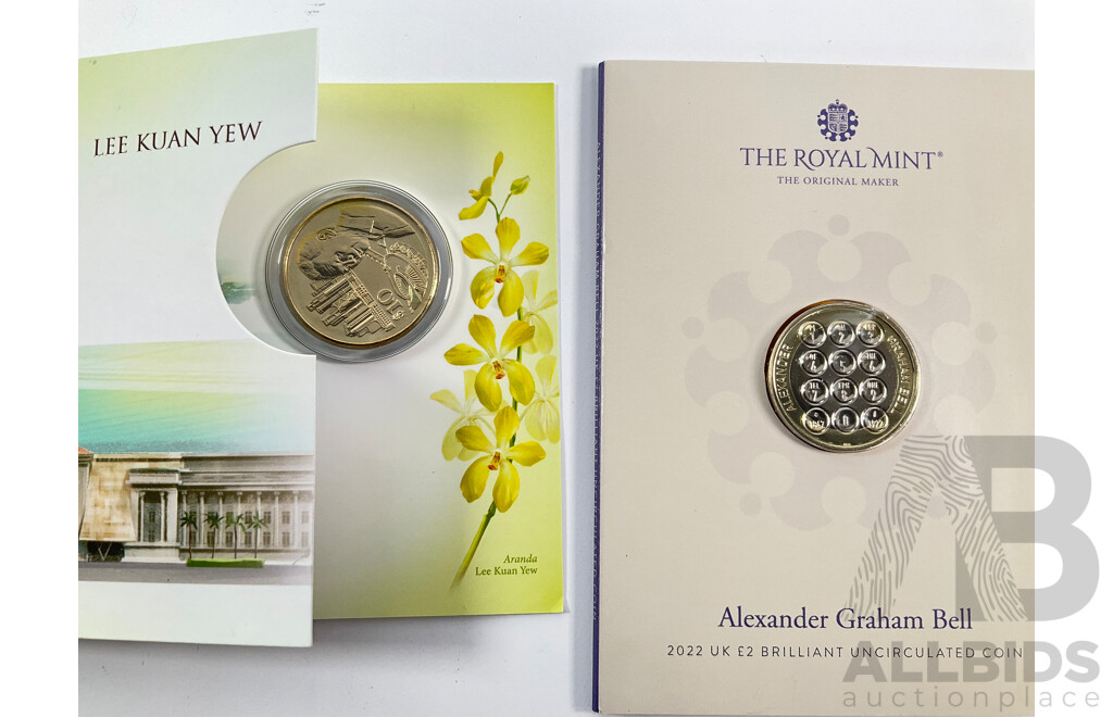 United Kingdom 2022 Brilliant UNC Two Pound Coin, Alexander Graham Bell, 1908, 1920, 1937 Pennies 1943 Half Penny, New Zealand 1958 One Penny,  South Africa 1943 One Penny, Singapore 2023 UNC Ten Dollar Coin