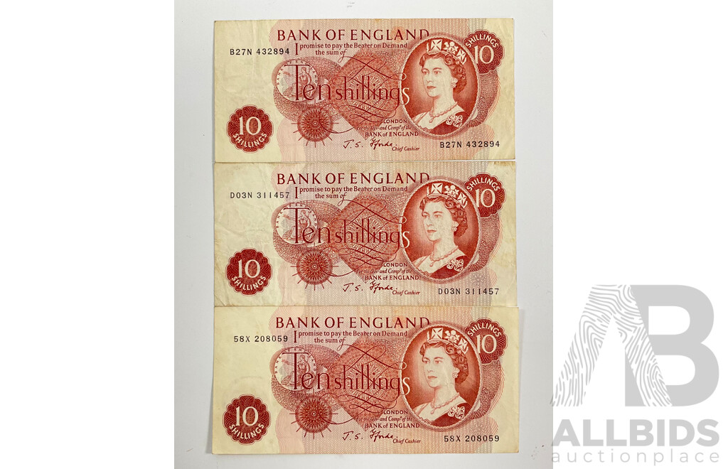 Three United Kingdom 1966 -1970 Ten Shillings Bank Notes