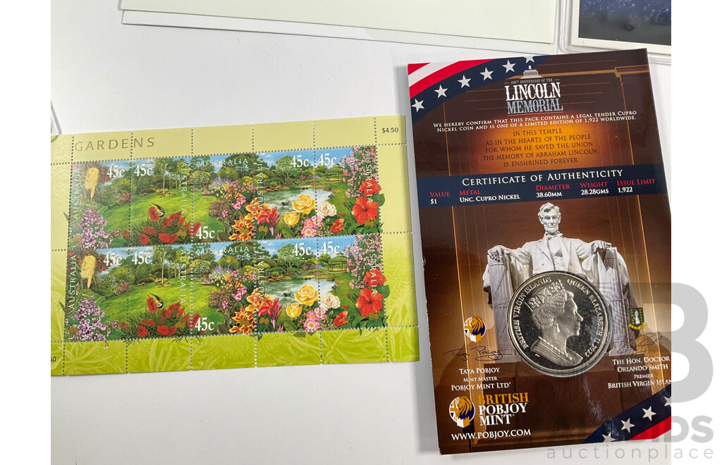 Australian RAM 2000 Burke & Wills Two Coin Set, 2009 Earth Hour First Day Cover, 2000 Mini Sheet and First Day Covers, British Virgin Islands 2022 Lincoln Memorial Dollar