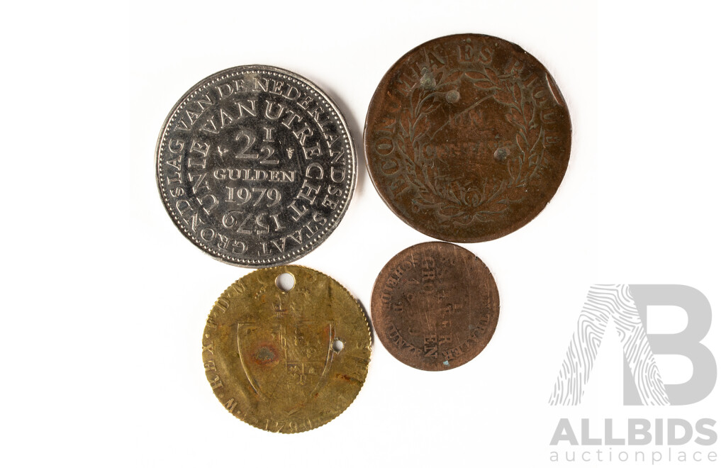 Collection of Antique and Vintage International Coins Including Netherlands 1979 Silver Two and Half Gulden, Kingdom of Prussia 1839 One Silbergroschen, Chile 1851 One Centavo,  United Kingdom 1790 Imitation Spade Guinea