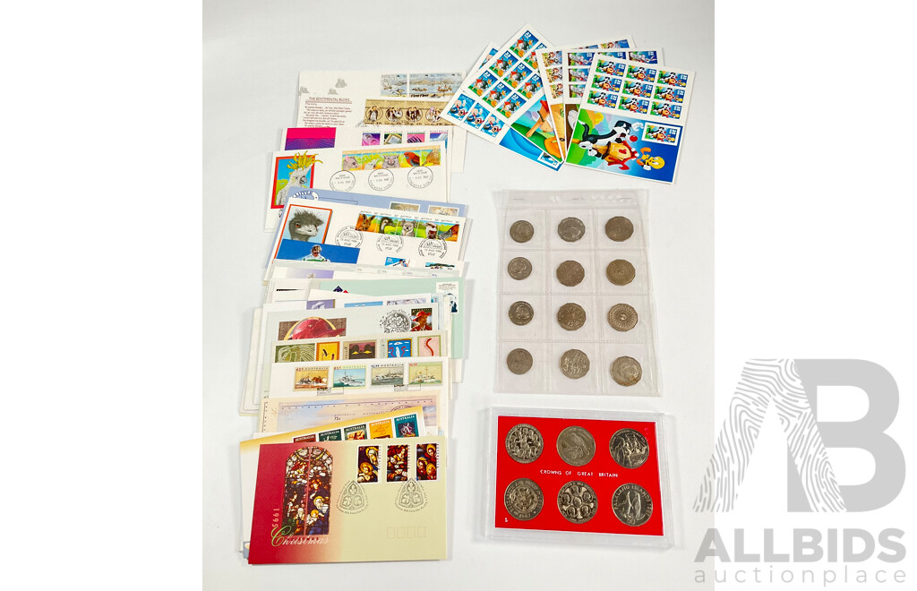 Australian Commemorative Fifty and Twenty Cent Coins, 1980's and 90's First Day Covers, Great Britain Regional 1986 UNC Crown Set, USA Looney Tunes Stamps