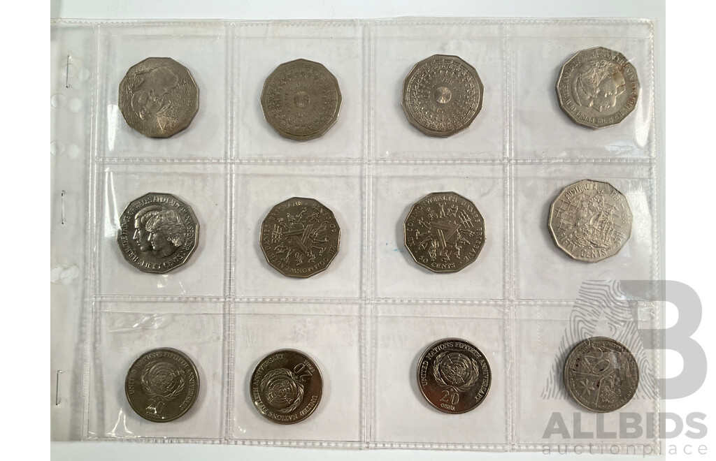 Australian Commemorative Fifty and Twenty Cent Coins, 1980's and 90's First Day Covers, Great Britain Regional 1986 UNC Crown Set, USA Looney Tunes Stamps