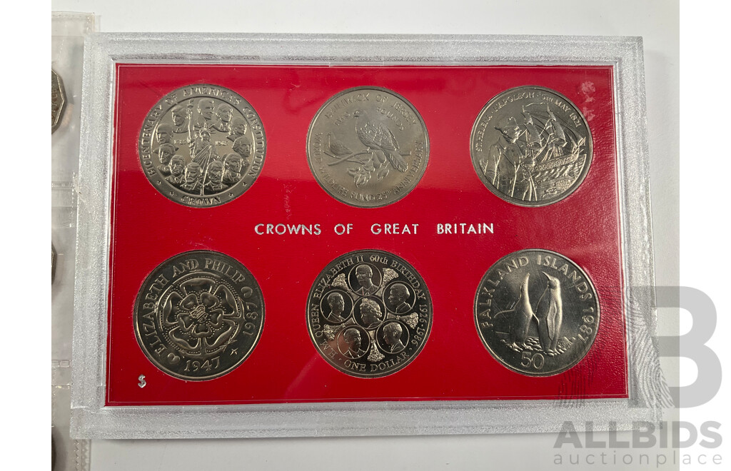 Australian Commemorative Fifty and Twenty Cent Coins, 1980's and 90's First Day Covers, Great Britain Regional 1986 UNC Crown Set, USA Looney Tunes Stamps