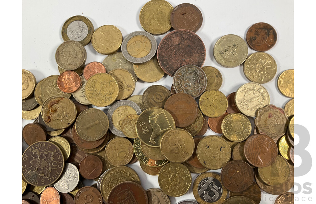 Collection of International Coins Including United Kingdom, Guatemala, Singapore, Spain, Euro, Kenya and More - Approximately 1.7 Kilograms