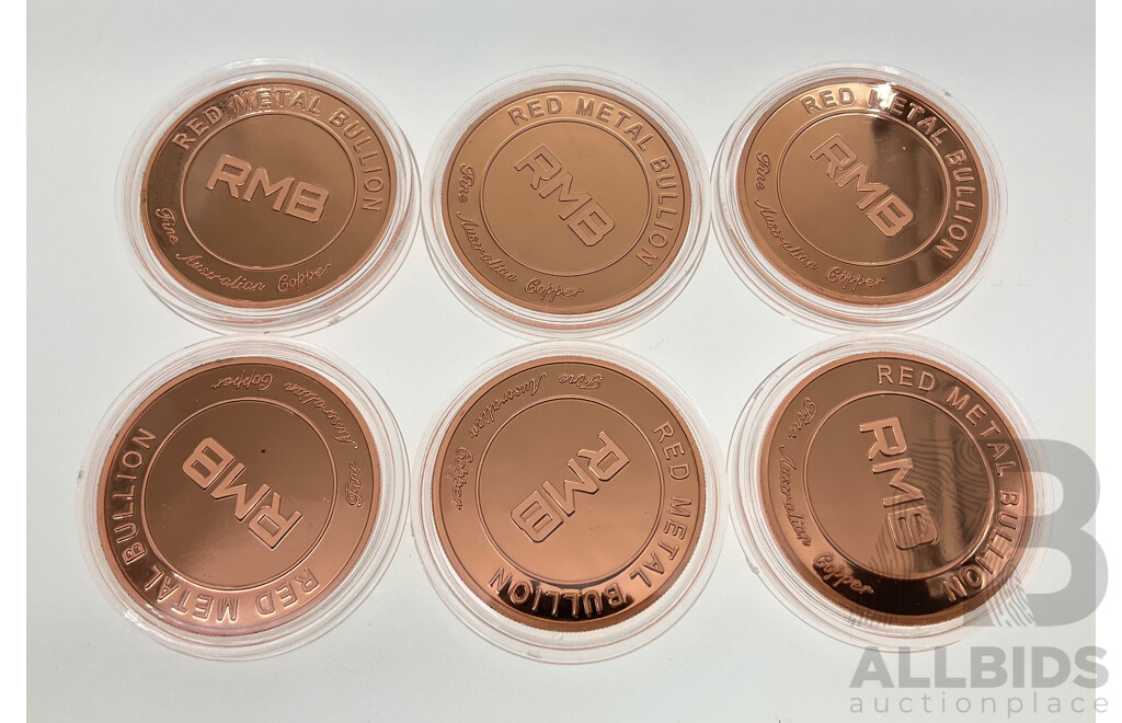 Six Australian Red Metal Bullion One Ounce Copper Coins